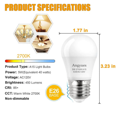 40W Equivalent A15 LED Bulb 120V Warm White 2700K Energy Saving E26 Base with product specifications including size and features.