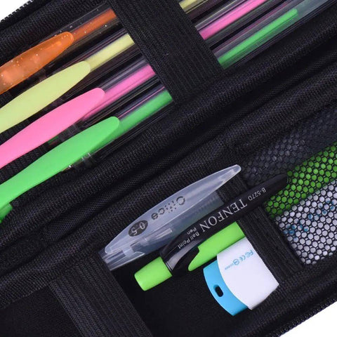 Heavy Duty Eva Travel Organizer Case For Fountain Pens Stylus Pencils And Tech Gear Featuring Secure Mesh Pocket and Elastic Strap filled with various pens.