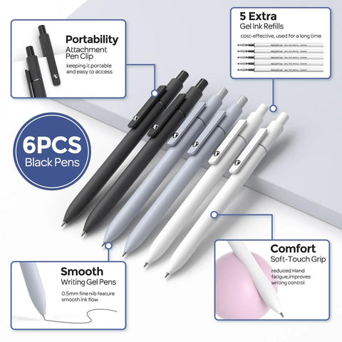 6 black gel pens with refills from All In One 50 Piece School Supplies Stationery Set, featuring soft-touch grip and smooth ink flow.