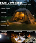 Telescoping Camping Light With 12000mAh Battery in modular combination, illuminating tent and outdoor area at night, IPX6/IPX7 waterproof.