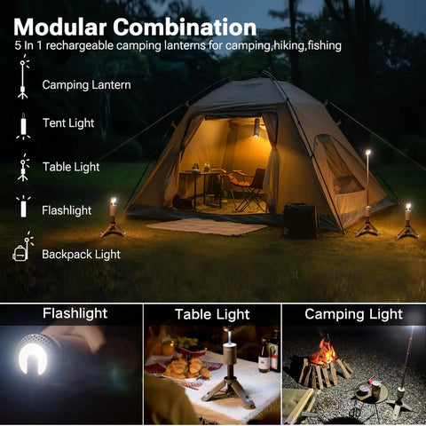 Telescoping Camping Light With 12000mAh Battery in modular combination, illuminating tent and outdoor area at night, IPX6/IPX7 waterproof.