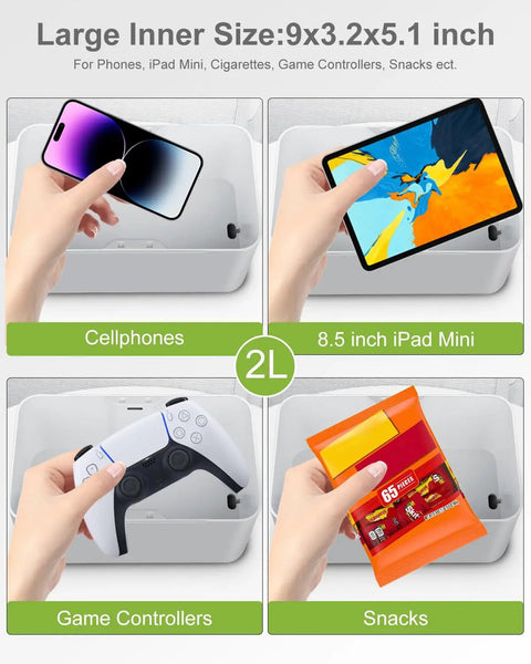 Solid Timed Phone Lock Box To Kick Scroll Habit And Stay Sharp Gray with cellphone, iPad Mini, game controller, and snacks inside.