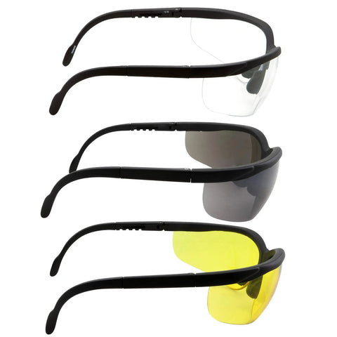 Three Pair Bifocal Safety Reading Glasses Set With Assorted Color Frames Including Clear Black And Yellow Lenses Side Cover Diopter Plus 1.50 ANSI Z87 Certified UV400 Protection Curved Polycarbonate Impact Resistant Lenses shown side by side