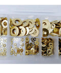 Brass Flat Washer Set 360 Pcs Assortment Kit M2 M2.5 M3 M4 M5 M6 M8 M10 With 0.4 To 1.2 mm Thickness, in organizer box