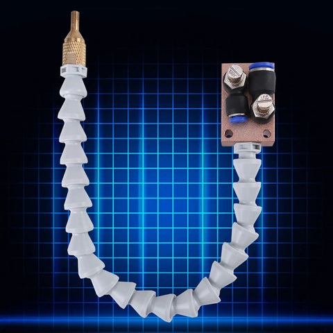 Heavy Duty Adjustable Mist Coolant Spray System For Cnc Lathe Mill Machines Featuring Eight Millimeter Tubing, features flexible tubing and brass nozzle.
