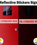 Inside Fire Extinguisher Sign Stickers 10 Pack Reflective Vinyl Decals on red extinguisher cabinet, day and night visibility.