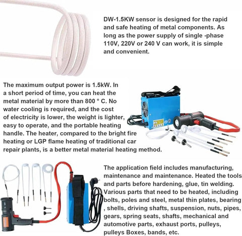 Handheld 1500W Induction Bolt Remover For Gunked Up Fasteners Flameless Heater with accessories and power supply.