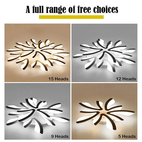 Collage showing LED Flower Ceiling Lights in 15, 12, 9, and 5-head designs, black flush mount, Nordic modern style.