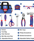 9 Piece Kid Friendly Real Hand Tool Set For Boys And Girls Blue Junior Tool Kit With Storage Bag Safe Beginner DIY Woodworking And Building Essentials For Ages 8 And Up displayed with tools and bag