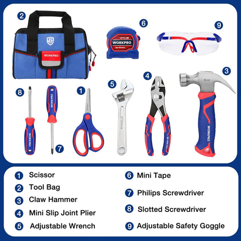 9 Piece Kid Friendly Real Hand Tool Set For Boys And Girls Blue Junior Tool Kit With Storage Bag Safe Beginner DIY Woodworking And Building Essentials For Ages 8 And Up displayed with tools and bag