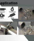 Heavy Duty 2.5 Inch Stainless Steel Exhaust Clamp Kit With Flat Flanges And V Band Bolts Universal Fit For Exhaust Piping 63mm Flange Corrosion Resistant 304 Stainless Steel DIY Friendly Install And Durable Bolt On Ready application uses illustration with close-up images of exhaust piping and clamps demonstrating compatibility with engines and turbochargers.