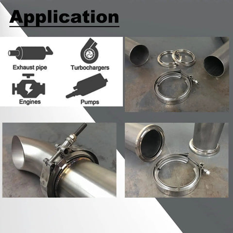 Heavy Duty 2.5 Inch Stainless Steel Exhaust Clamp Kit With Flat Flanges And V Band Bolts Universal Fit For Exhaust Piping 63mm Flange Corrosion Resistant 304 Stainless Steel DIY Friendly Install And Durable Bolt On Ready application uses illustration with close-up images of exhaust piping and clamps demonstrating compatibility with engines and turbochargers.