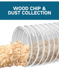 Pro Grade Clear PVC Dust Collection Hose Two And A Half Inch By Twenty Foot For Workshop And Woodworking Dust Collection Systems Grounded At Both Ends For Safe Electrostatic Discharge Heavy Duty Coil To Minimize Kinking showcasing wood chips inside