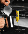 Electric Coffee Milk Frother Handheld Battery Operated Drink Mixer With Stainless Steel Whisk And Stand In Bold Yellow next to steaming milk pitcher