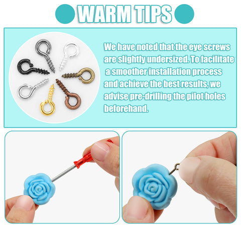 7 Color 450 Piece Eye Screw Pins Set Eight By Four Millimeter Tiny Eyelets shown with installation on blue flower bead