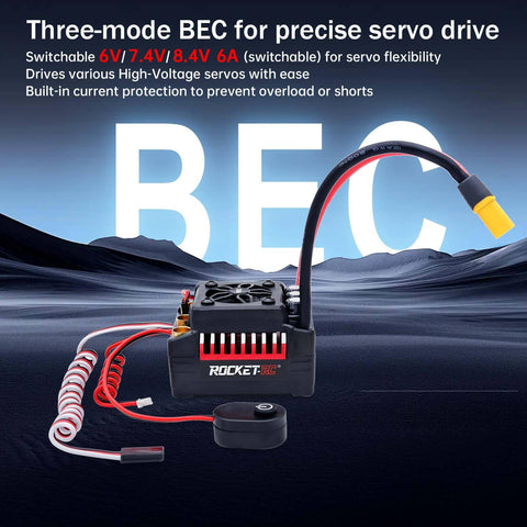 Supersonic V2 130A Beefed Up Brushless ESC With Overheat Protection For One Eighth Scale RC Cars, front view with wires and plug