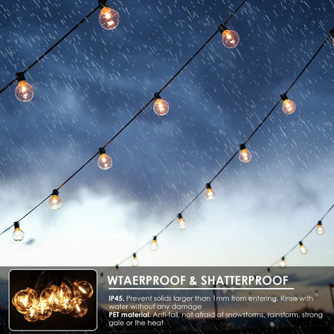 Outdoor String Lights 150ft G40 LED With Remotes, Waterproof Shatterproof Bulbs in rain with warm 2700K glow over patio