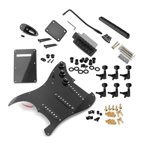 ST Style Electric Guitar DIY Kit With Prewired Pickguard, Bridge And SSS Pickups, No Soldering Design; black parts layout.