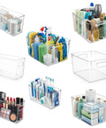 8 Pack Modular Clear Plastic Storage Bins Set With 4 Large And 4 Narrow Nestable Space Saving Bins For Pantry Kitchen Fridge Bathroom And Cabinet Organization Easy To Use with various toiletries and cleaning supplies visible