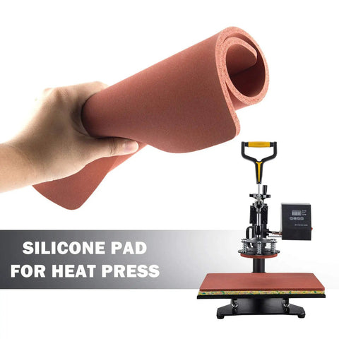 12x15 Inch Heavy Duty Silicone Heat Press Pad Replacement For Heat Transfer Machines Non Toxic Odorless Pad With Flat Surface Durable 0.315 Inch Thickness For Consistent High Quality Prints held by hand next to heat press