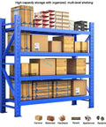 Heavy Duty Four Tier Garage Shelving Rack With Rock Solid Steel Frame And Fully Adjustable Metal Platforms Built Tough, blue shelving with boxes.