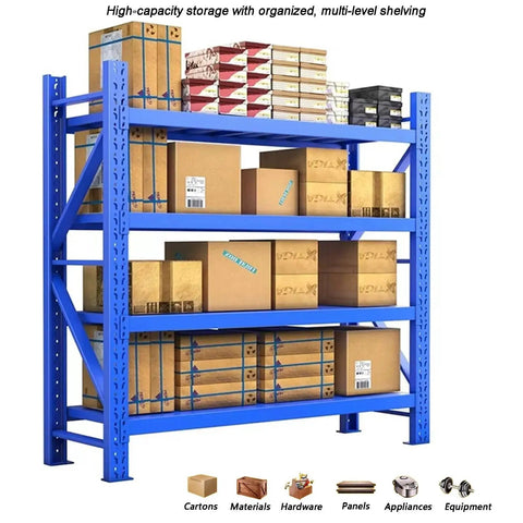 Heavy Duty Four Tier Garage Shelving Rack With Rock Solid Steel Frame And Fully Adjustable Metal Platforms Built Tough, blue shelving with boxes.