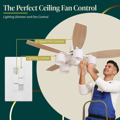 Combo Dimmer Switch With 3 Speed Fan Control And Light, Single Pole Wall Switch for dimmable LED CFL lighting shown with ceiling fan