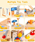 Collage of 39 Piece Kids Tool Set With Apron, including hammer, saw, wrench activities on wooden toddler tool bench.