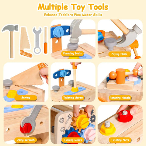 Collage of 39 Piece Kids Tool Set With Apron, including hammer, saw, wrench activities on wooden toddler tool bench.
