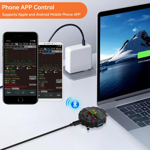 Must Have Power Meter Tester For Chargers And Power Banks Real Time Voltage Current Power Energy Capacity Resistance connected to laptop