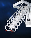 Electric Attic Ladder With A Slick Hidden Retractable Ceiling Hatch And Heavy Duty Telescoping Handrail showing the retractable ladder extended.