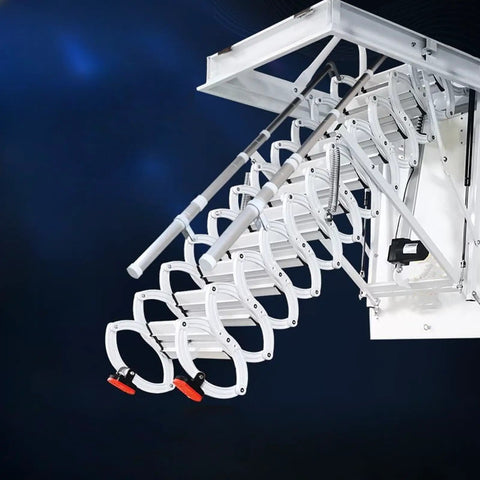Electric Attic Ladder With A Slick Hidden Retractable Ceiling Hatch And Heavy Duty Telescoping Handrail showing the retractable ladder extended.