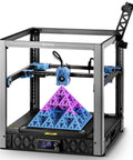 Voron 2.4 Inspired Open Source Core XY 3D Printer, front view, printing vibrant geometric model, 350x350x345mm area, quad Z motors.