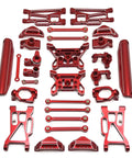 Badass 1/10 RC Car Upgrade Kit Featuring Heavy Duty Aluminum Alloy parts in red, showcasing link rods and hub carriers for improved performance.
