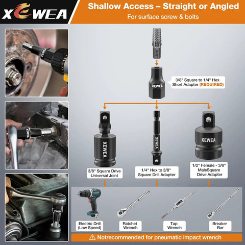 15 Piece Bolt And Screw Extractor Set With Long Slim CRMO Steel Build showing drill adapters and application examples.