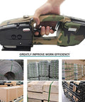 Heavy Duty Cordless Strapping Kit With Slick Auto Tensioning And Hot Melt Welding For No Sweat Box Sealing in use.