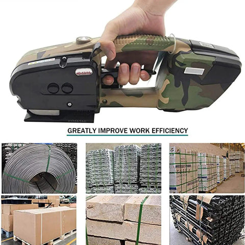 Heavy Duty Cordless Strapping Kit With Slick Auto Tensioning And Hot Melt Welding For No Sweat Box Sealing in use.