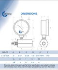 Technical diagram of Workhorse Gas Test Pressure Gauge Assembly with dimensions; 2" gauge, 3/4" FNPT, chrome-plated steel body.