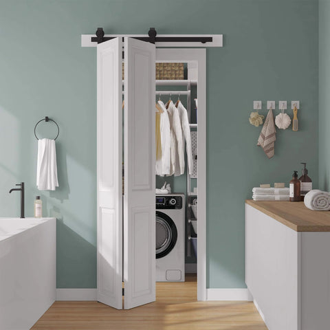 40 Inch Bifold Sliding Barn Door Hardware Kit For Double 18 Inch Doors installed in laundry room with white doors