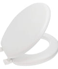 Plush Cushioned Toilet Seat In Desert White For Elongated Bathrooms Soft Vinyl Comfort Upgrade Cozy Ultra Plush Pad Opened View