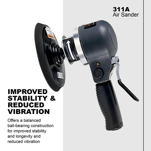 Dual Action 6 Inch Angle Air Sander With Quiet Orbit And Side Exhaust, shown from side highlighting rubber handle grip and side exhaust