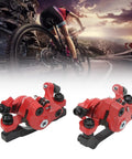 1 Pair Aluminum Alloy Mechanical Disc Brakes For Mountain Road Electric Scooter Cable Puller Kit Serving Up Killer Stopping Power And Dead Simple Bolt On Install In Fiery Red on a bike with a rider in motion.