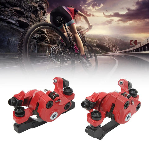 1 Pair Aluminum Alloy Mechanical Disc Brakes For Mountain Road Electric Scooter Cable Puller Kit Serving Up Killer Stopping Power And Dead Simple Bolt On Install In Fiery Red on a bike with a rider in motion.