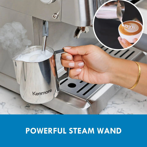 Kickstart Your Daily Grind With This Automatic Espresso Machine Featuring A Built In Bean Grinder Milk Frother And Hassle Free Auto Cleanup For Top Shelf Barista Style Lattes Right At Home Today, showing a powerful steam wand in use.