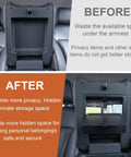 Comparison showing before and after installation of the Three Piece Center Console Organizer Set For 2023-2026 Honda Pilot, 2024-2026 Honda Ridgeline, And 2024-2026 Honda Passport, Hidden Armrest Storage Box With Divider, ABS Interior Accessories, Top Notch, Slim, Custom Fit.