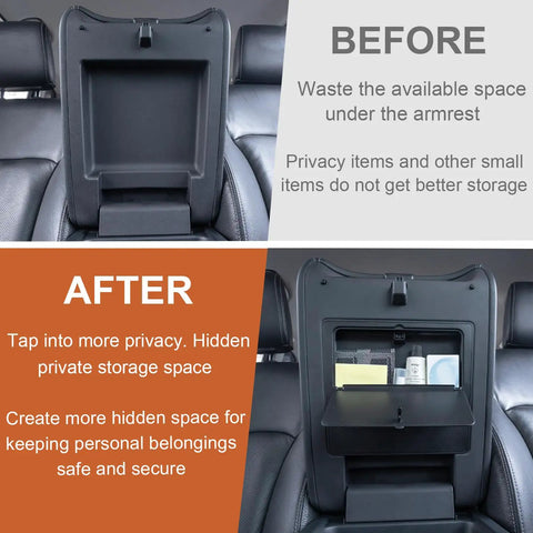 Comparison showing before and after installation of the Three Piece Center Console Organizer Set For 2023-2026 Honda Pilot, 2024-2026 Honda Ridgeline, And 2024-2026 Honda Passport, Hidden Armrest Storage Box With Divider, ABS Interior Accessories, Top Notch, Slim, Custom Fit.