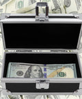 Aluminum Alloy Locking Cash Box For Secure Cash Storage Money Organizer With Single Row Currency Tray Durable Money Holder And Home Decor Ideal For Bills Coins And Cash Stash displaying open with money inside