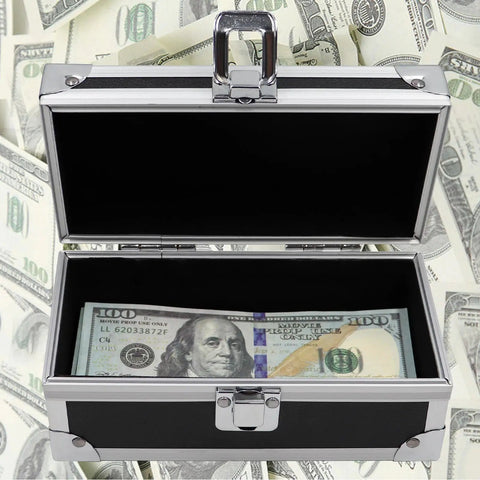Aluminum Alloy Locking Cash Box For Secure Cash Storage Money Organizer With Single Row Currency Tray Durable Money Holder And Home Decor Ideal For Bills Coins And Cash Stash displaying open with money inside