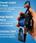 Hand holding heavy duty stainless steel retractable ratchet strap set 1 inch by 72 inch with auto self retracting buckle.