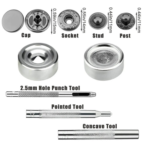 No Sew 12 Sets 15mm Snap Button Fastener Kit With 4 Metal Install Tools for denim, jeans, pants, leather, bags, and jackets